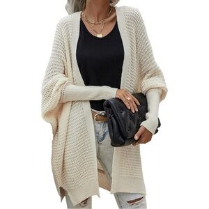 Beige Long Sleeve Batwing Cable Open Slouchy Wrap Cardigan